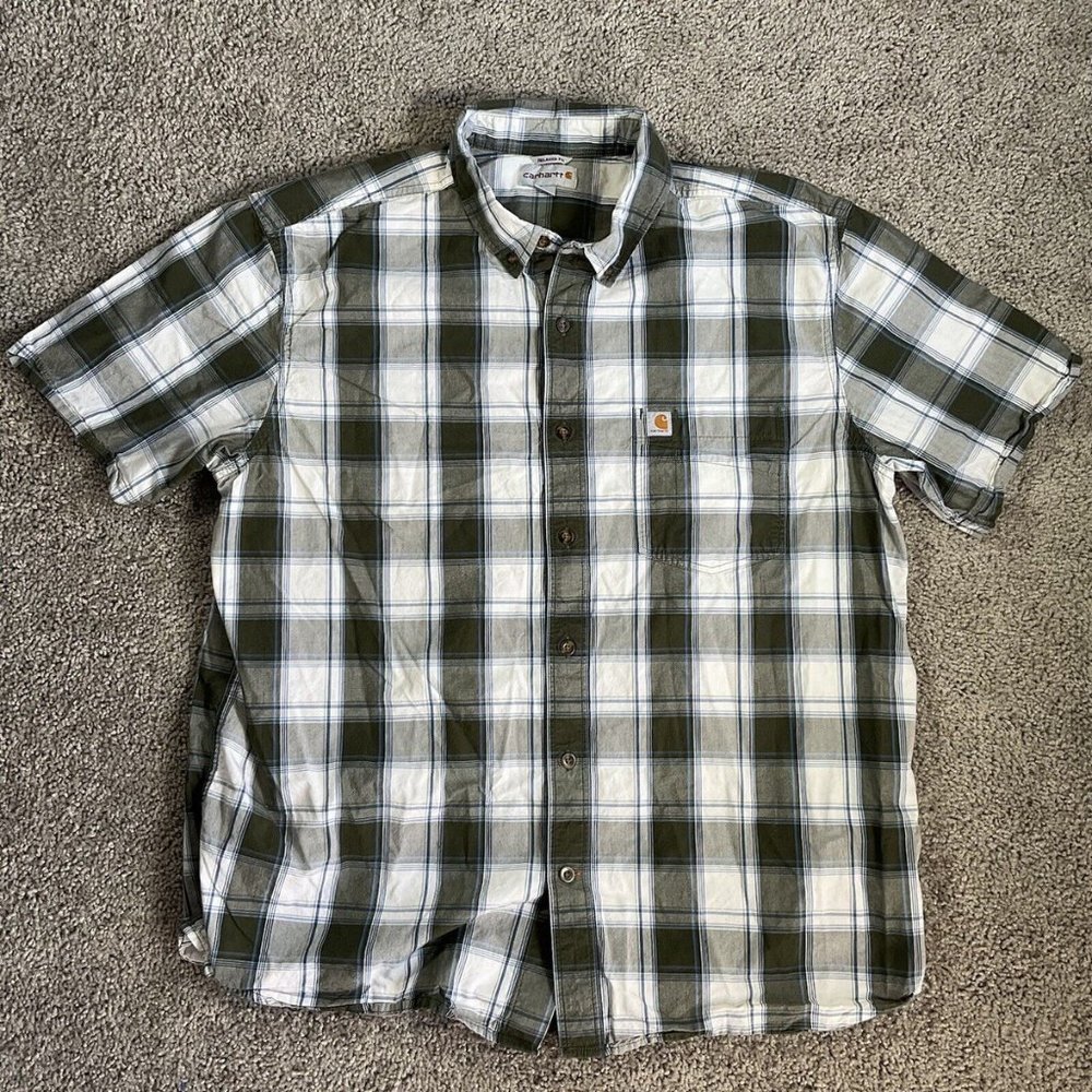 Carhartt Men’s Button Short Sleeve Shirt Green Work Wear Cotton Comfy XL Green